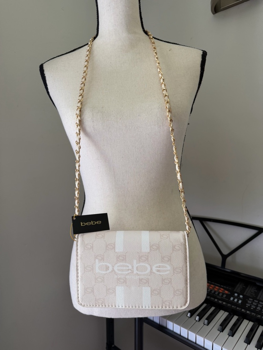 bebe Cream Logo Crossbody Bag with Gold Chain
